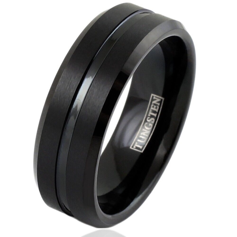 Black Tungsten Grooved Ring Band Size 10